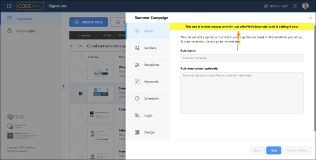 A notification shown when a rule is locked for editing.
