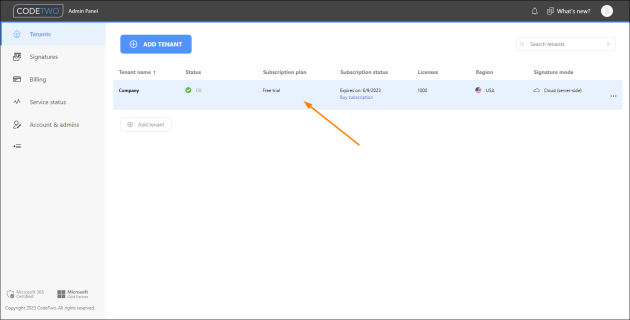 Accessing tenant settings from the Tenants page in CodeTwo Admin Panel.