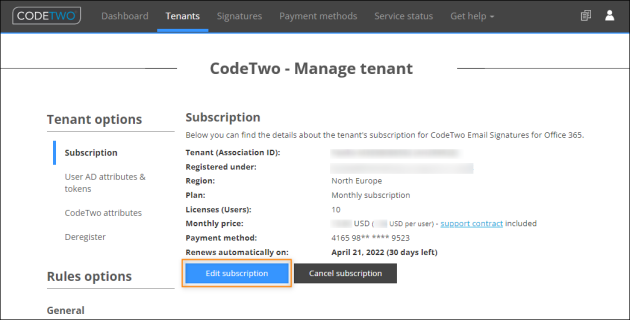 Accessing the Edit subscription wizard.