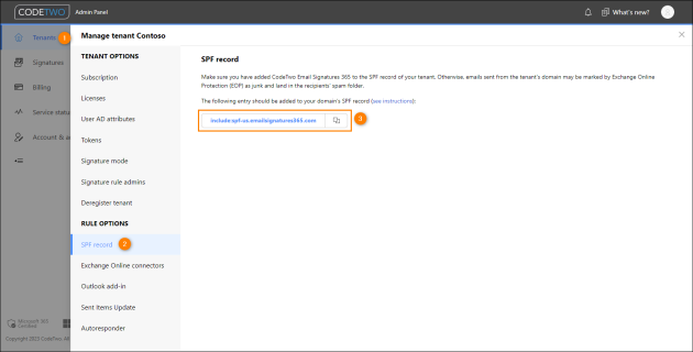 CodeTwo Admin Panel – finding the entry that needs to be added to the SPF record of your tenant.
