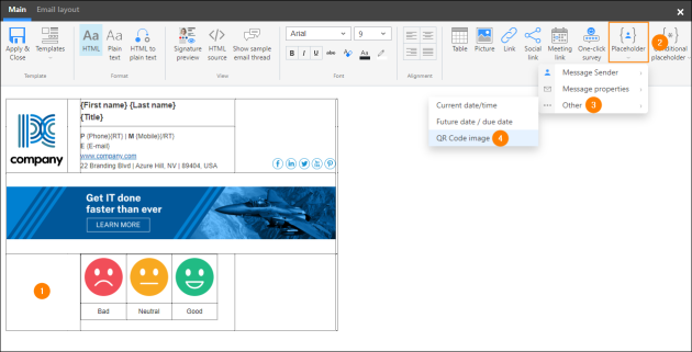 Adding a QR code image in the signature template editor.