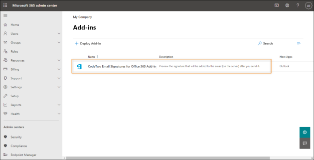 The signature preview add-in appears on the list of add-ins.