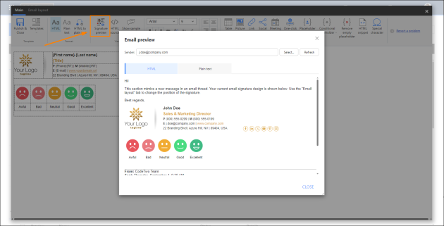 Previewing a survey in the signature template editor.