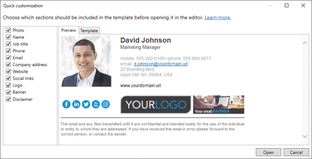 Editor - quick customization of a template