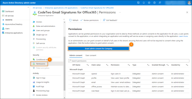 Launching the pop-up where you can grant the requested permissions on behalf of your organization.