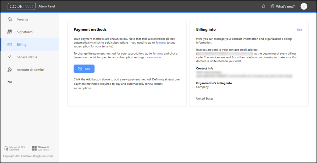 The Billing page in CodeTwo Admin Panel.