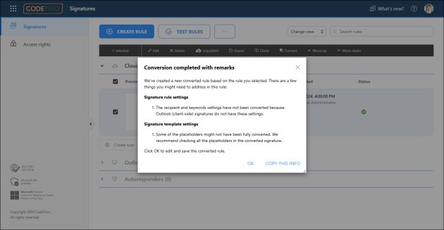 The pop-up window listing sample applicable conversion limitations.