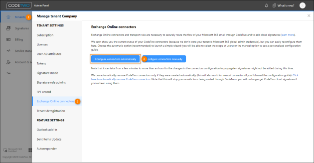 Exchange Online connectors configuration settings.
