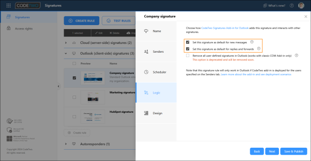 Signature adding options for an Outlook (client-side) signature rule.