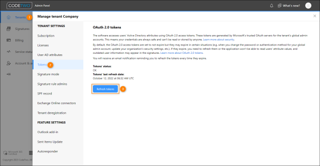 Refreshing the OAuth 2.0 tokens in CodeTwo Admin Panel.