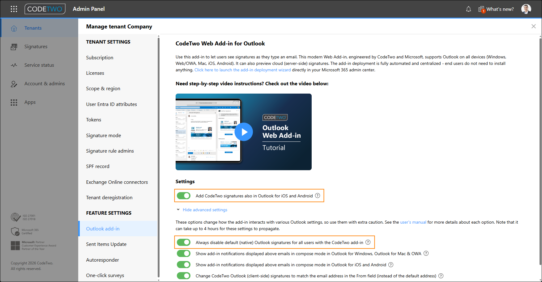 The add-in settings required to remove native mobile email signatures.