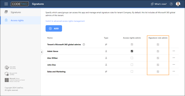 Verifying the assignment of the Signature rule admin role in the Signatures app.