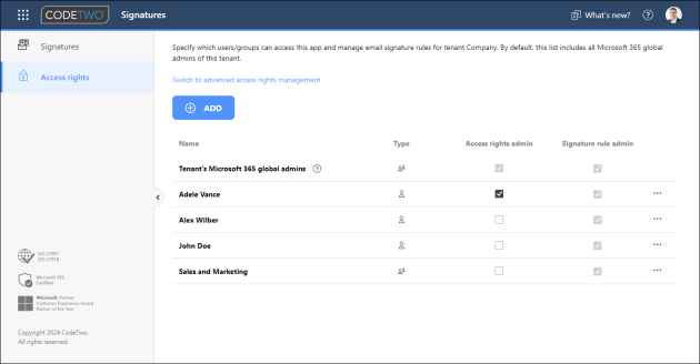 The Access rights page in CodeTwo's Signatures app (Simple access rights management).