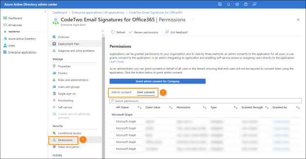 Reviewing permissions granted to applications in Azure Active Directory.