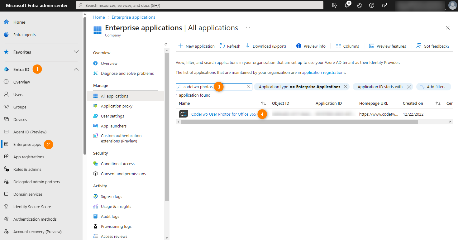 Accessing the CodeTwo User Photos for Office 365 application settings.