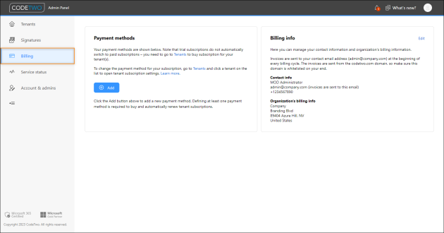 The Billing settings page in CodeTwo Admin Panel.