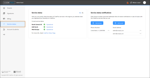 The Service status settings page in CodeTwo Admin Panel.