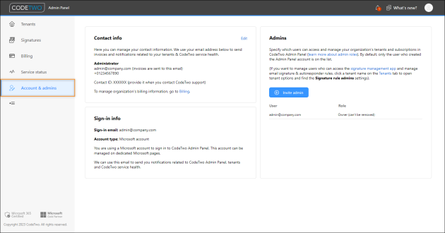 The Account & admins settings page in CodeTwo Admin Panel.