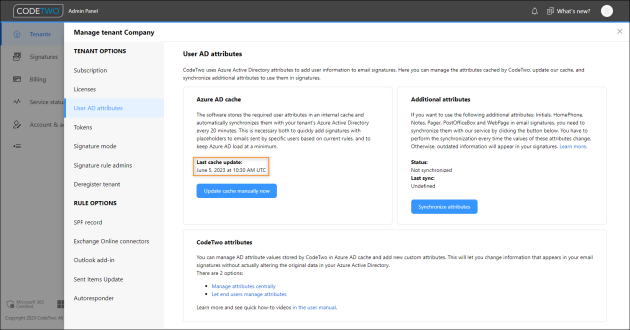 Status of Azure AD cache synchronization.