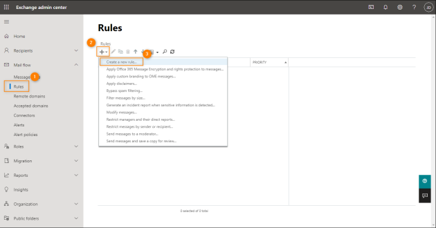 Creating a new transport rule in the Exchange admin center.