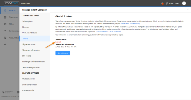CodeTwo Admin Panel shows that OAuth 2.0 access tokens have expired.