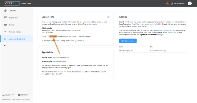 Accessing the Contact ID information in CodeTwo Admin Panel.