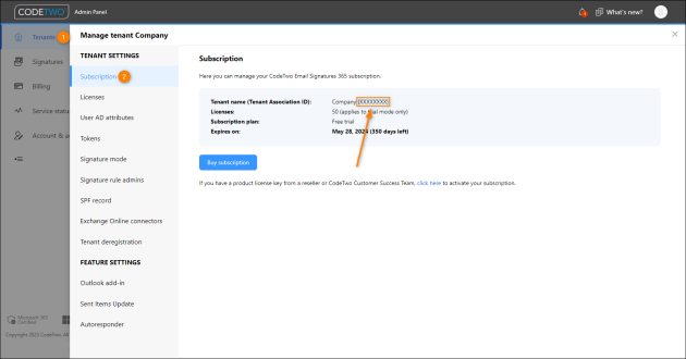Finding the Tenant Association ID information in CodeTwo Admin Panel.