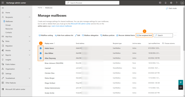 Changing the recipient limit for multiple mailboxes in the Exchange admin center.