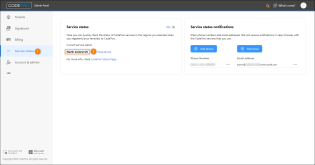 Region information is shown on the Service status page in CodeTwo Admin Panel.
