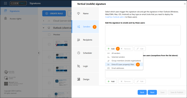 Using the Entra ID (user property) filter option for the optional signature in the signature rule editing pane.