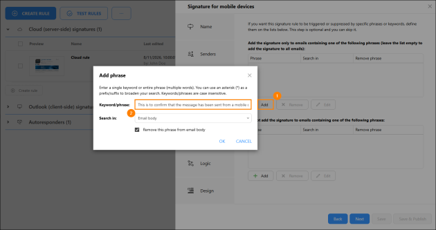 Adding the identifier phrase that will be used to detect a message sent from a mobile app.