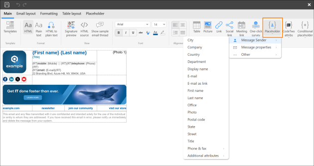 The Placeholder menu allows you to insert Entra ID attributes to signatures.