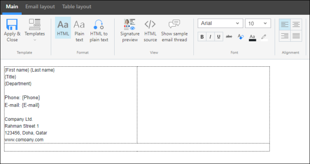 Attributes/placeholders (in curly brackets) accompanied by fixed text.