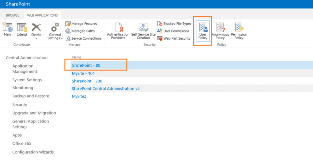 Accessing the SharePoint User Policy settings.