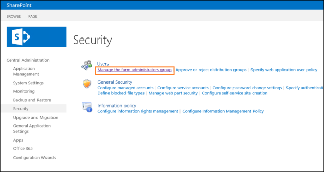 Accessing the SharePoint Farm Administrators group.