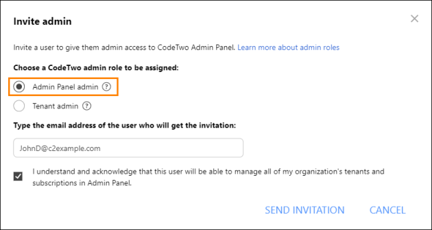 Inviting an Admin Panel admin.