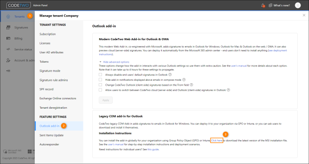 CodeTwo Signatures Add-in for Outlook installation file in CodeTwo Admin Panel.