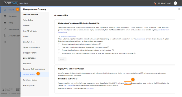 CodeTwo Signatures Add-in for Outlook installation file in CodeTwo Admin Panel.