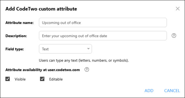 A sample custom attribute allowing users to enter an upcoming out of office date.