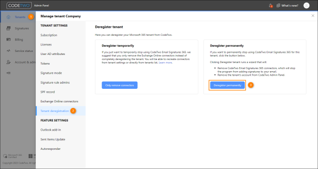 Deregistering a tenant from CodeTwo Admin Panel.