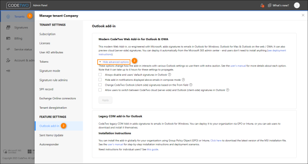 Accessing advanced add-in options in CodeTwo Admin Panel.