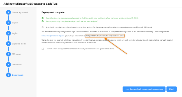 Copying your unique CodeTwo subdomain address.