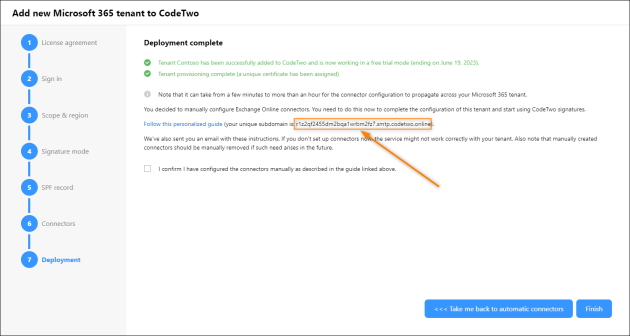 Copying your unique CodeTwo subdomain address.