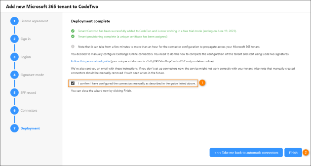 Confirming your manual configuration and completing the tenant registration wizard.