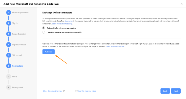 Proceeding with the automatic configuration of Exchange Online connectors and an Exchange transport rule.
