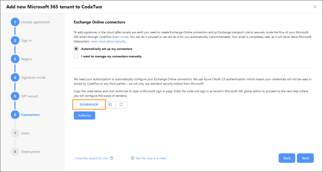 The authorization code in the tenant registration wizard.