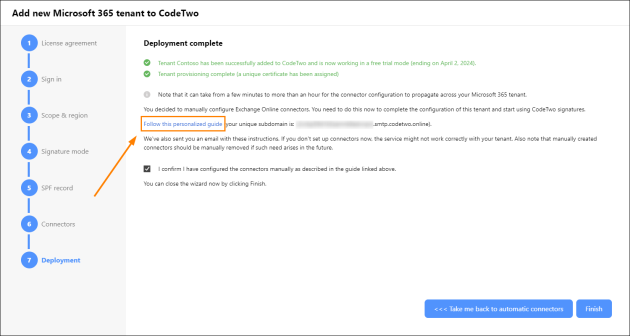 A link to a personalized guide that describes how to configure Exchange Online connectors in your tenant.