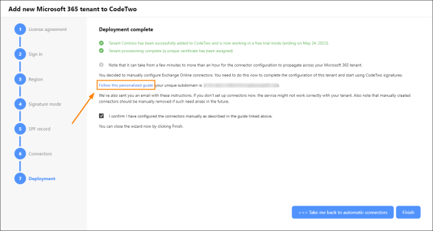 A link to a personalized guide that describes how to configure Exchange Online connectors in your tenant.