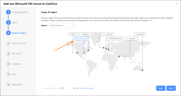Selecting a location of the CodeTwo service.