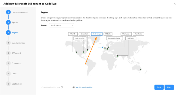 Selecting a location of the CodeTwo service.